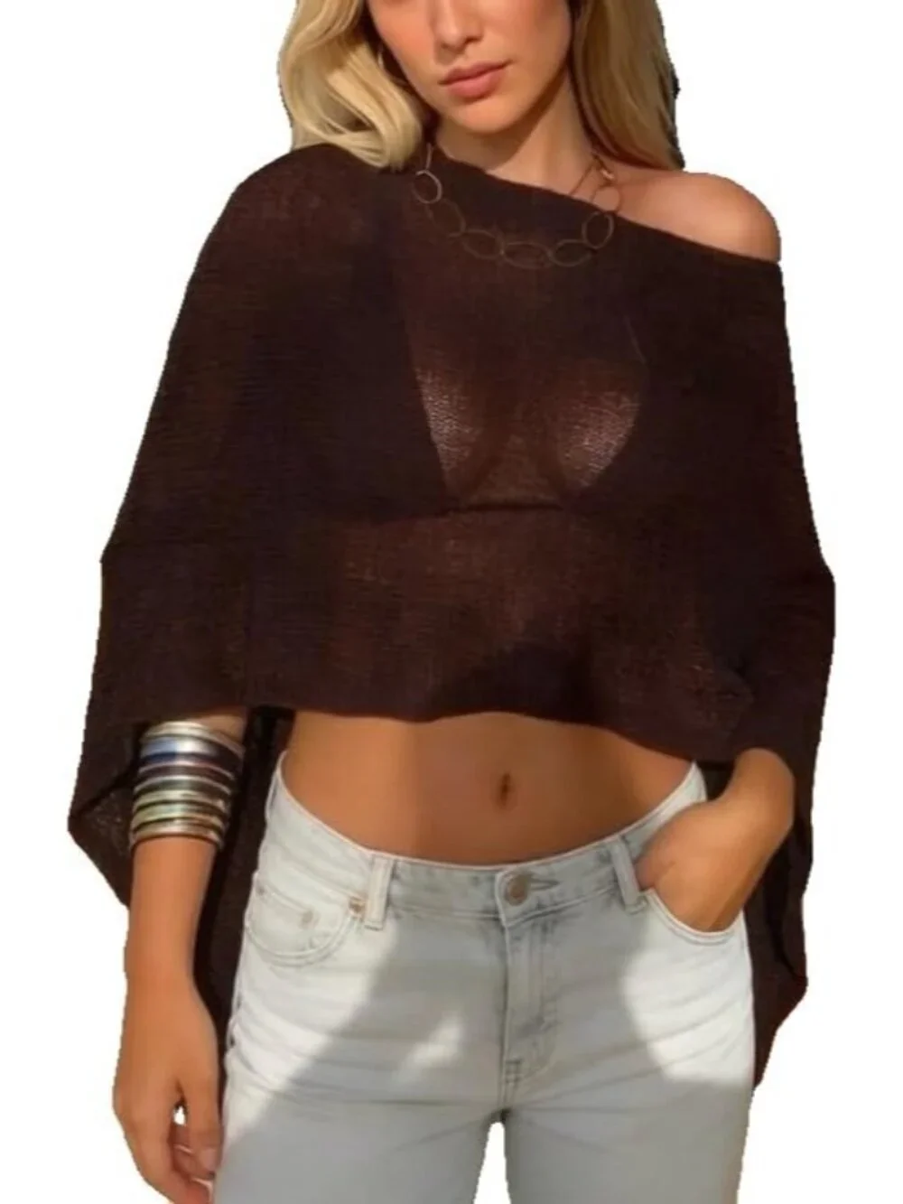 Women's Dark Brown Lightweight Knit Crochet Shrug Bolero Mesh Batwing Cover Up